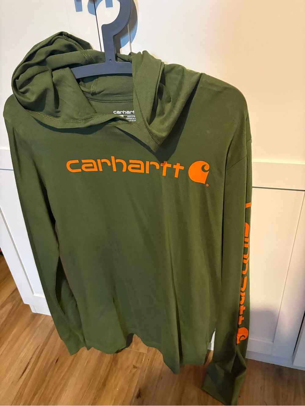 Carhartt Olive Green Hooded Long Sleeve Tee with Orange Logo